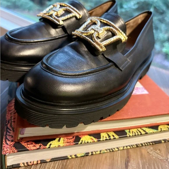 🧶Dissona NWOB Black Leather Lug Sole Loafers Gold Buckle Size EU 40 + Free Gift